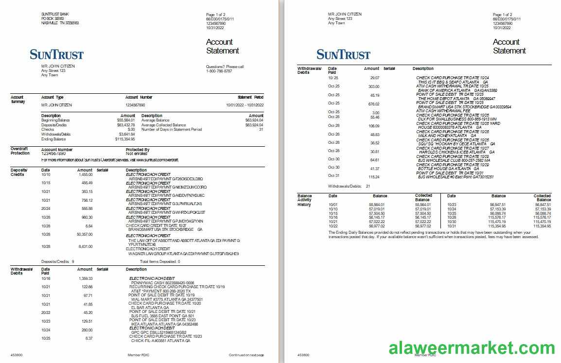 USA SunTrust bank statement, Word and PDF template, 2 pages
